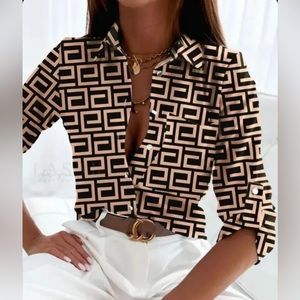 Geometric Print Rolled Sleeve Button Down Shirt XL/ XXL